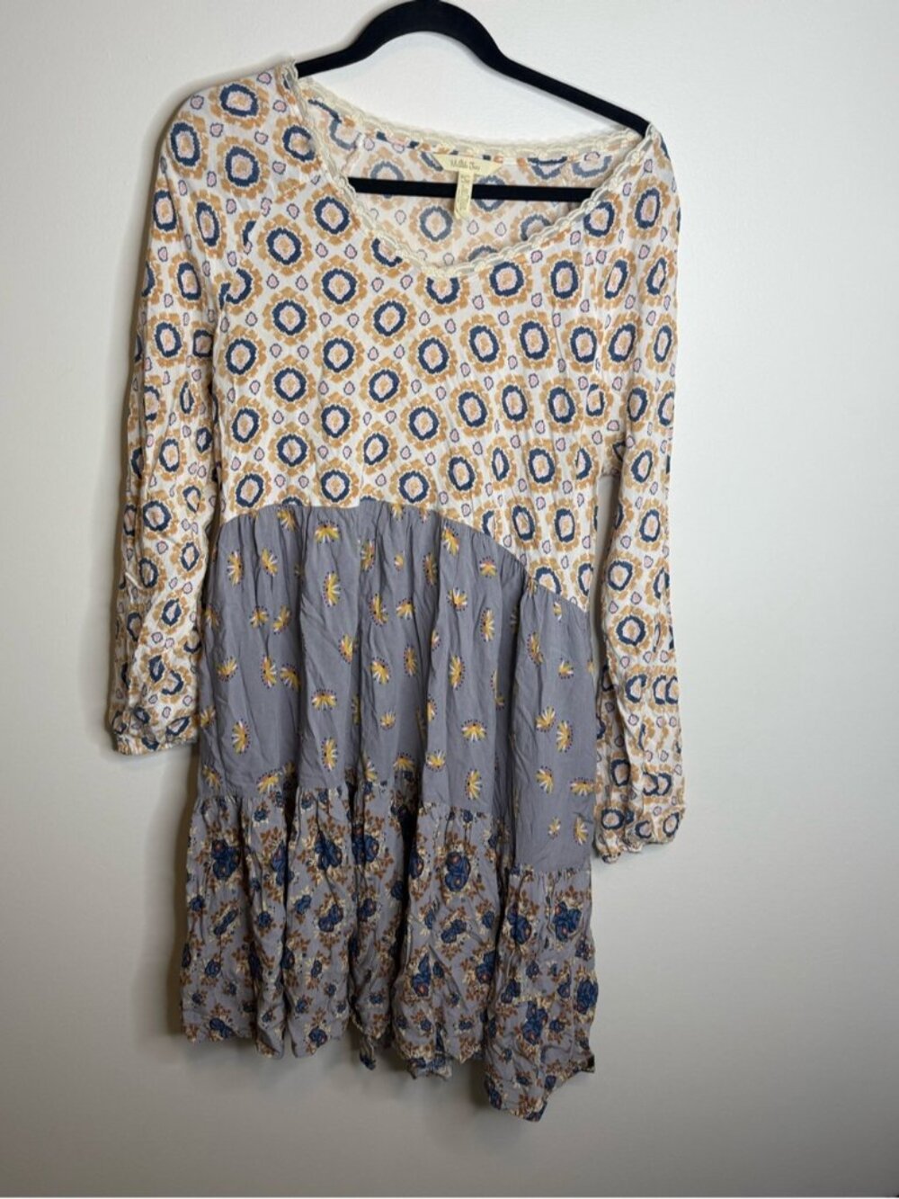Matilda Jane Mixed-Print Long Sleeve Dress in Cream and Gray size large